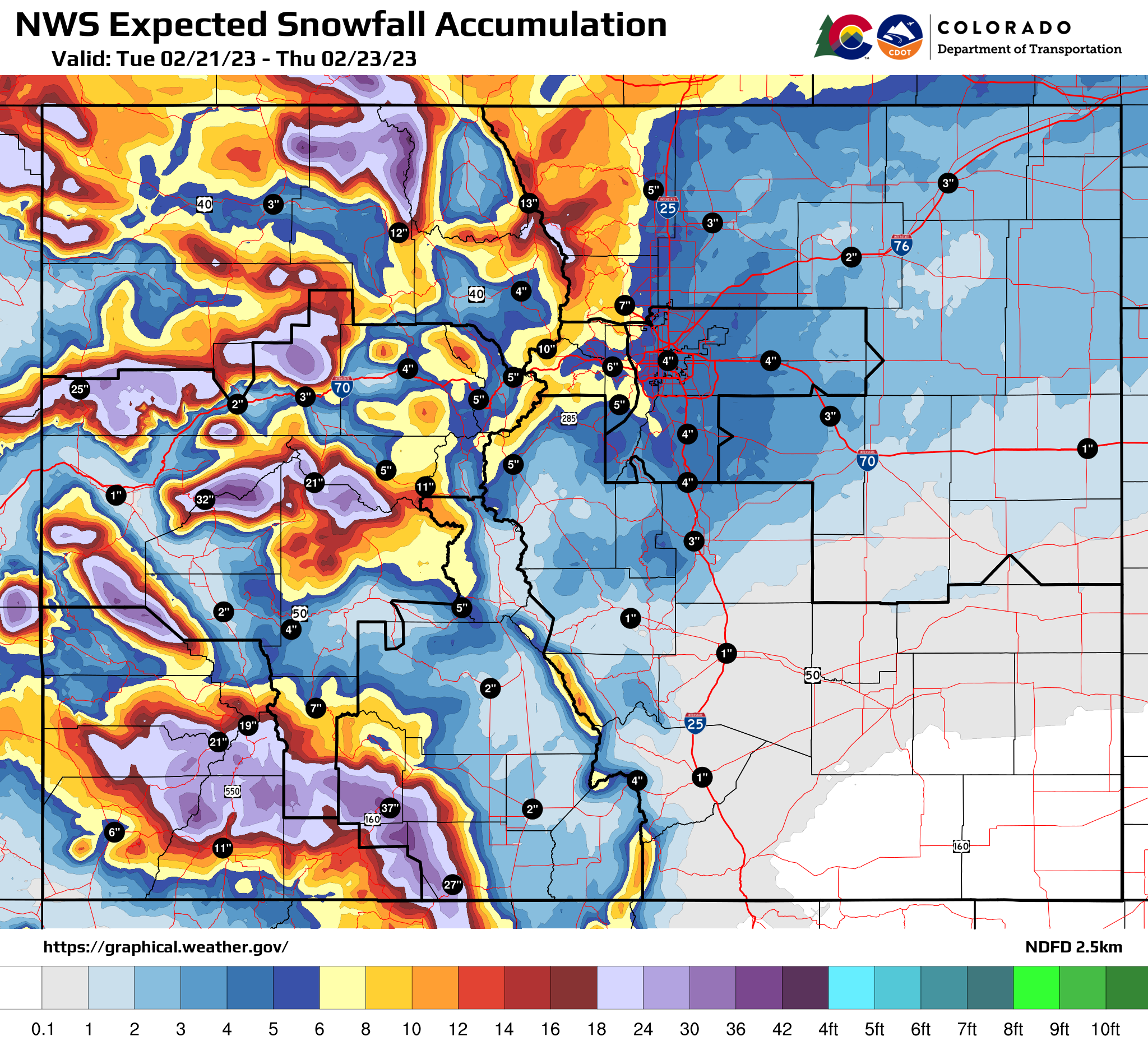National Weather Service expected snowfall accumulation map 02212023